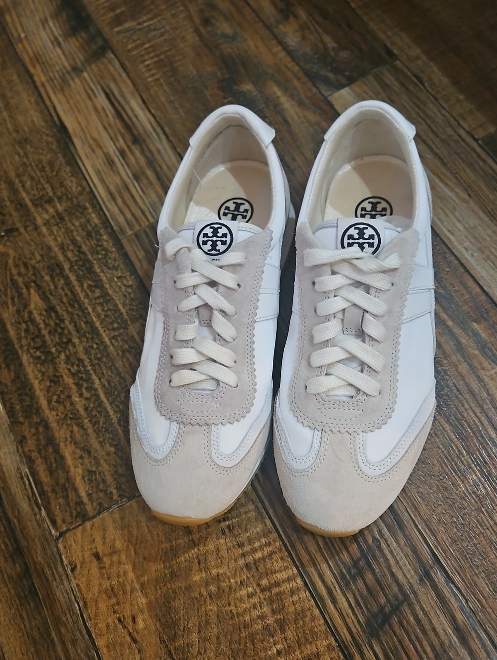 Tory Burch White and Beige Suede-Trim Low Top Sneakers